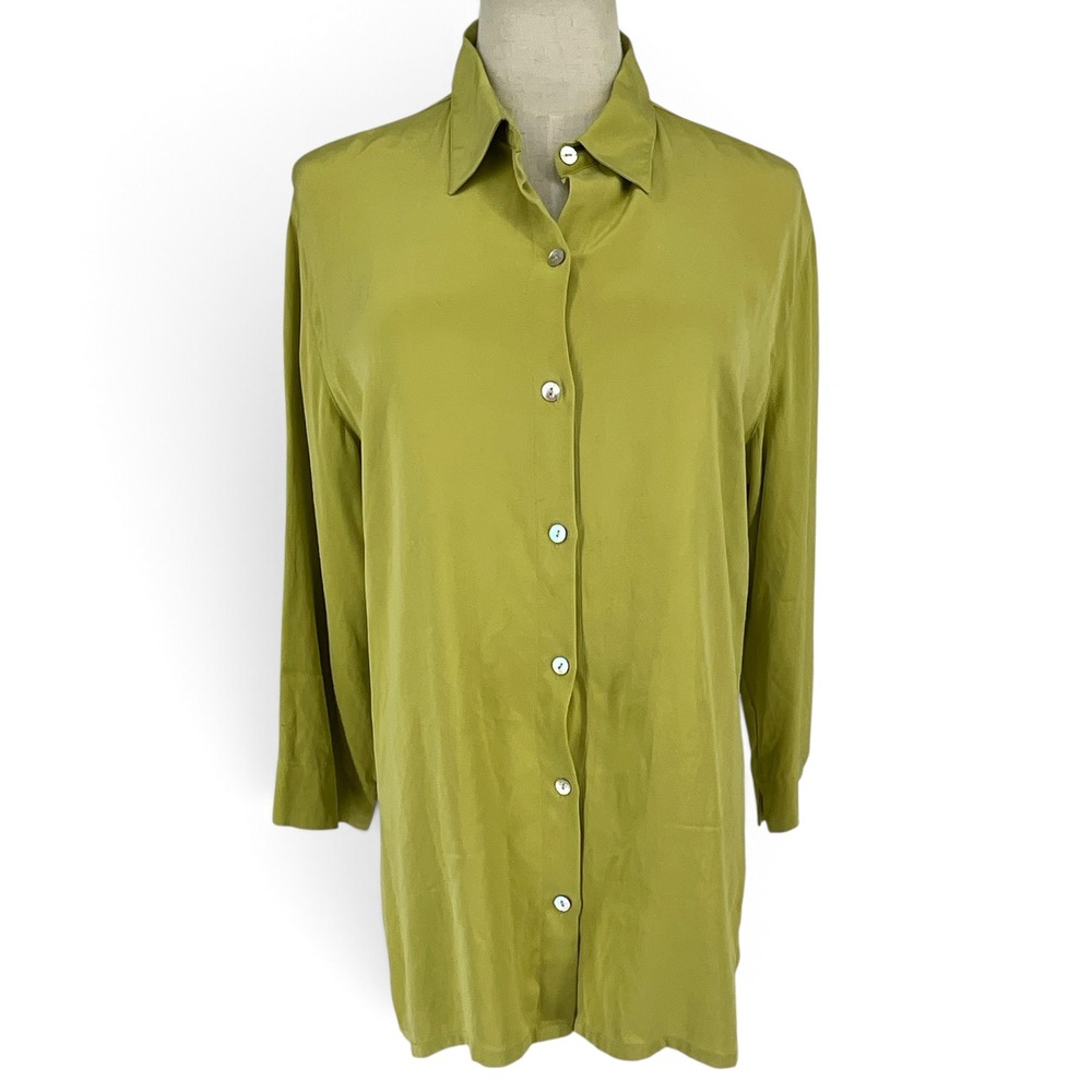 Chicos Design Silk Blend Button Down Tunic Top Chartreuse Green Size 1 M 8